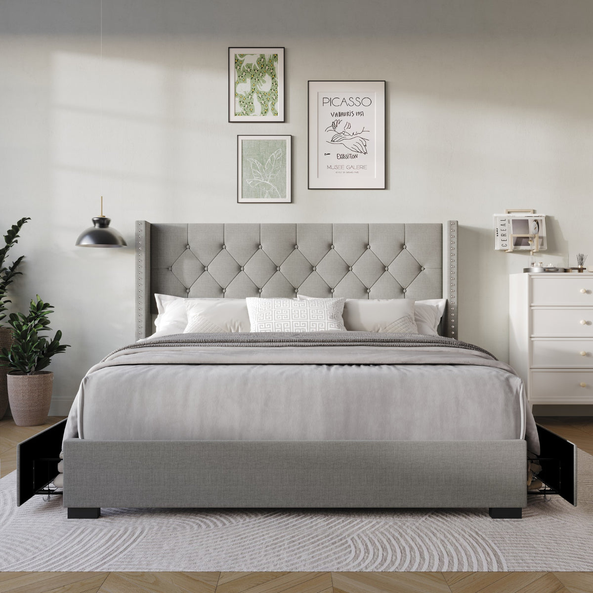 Home Design Greeley Tufted Upholstered Storage Platform Bed Frame