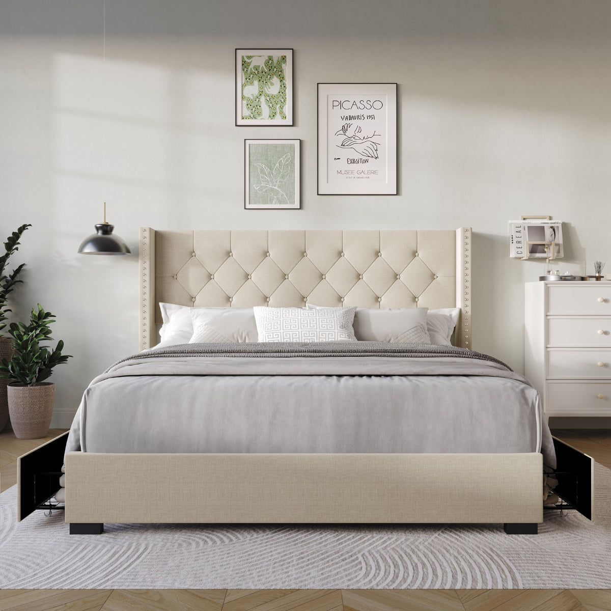 Home Design Greeley Tufted Upholstered Storage Platform Bed Frame