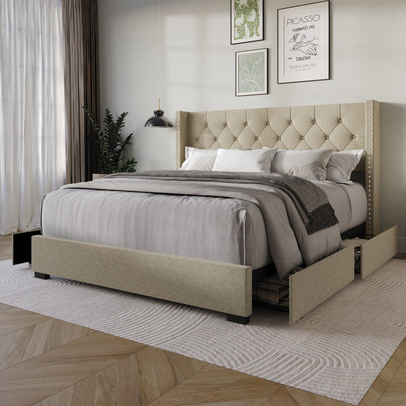 Home Design Greeley Tufted Upholstered Storage Platform Bed Frame