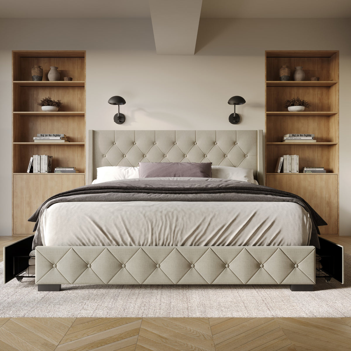 Home Design Olympia Tufted Upholstered Storage Platform Bed Frame For Adult