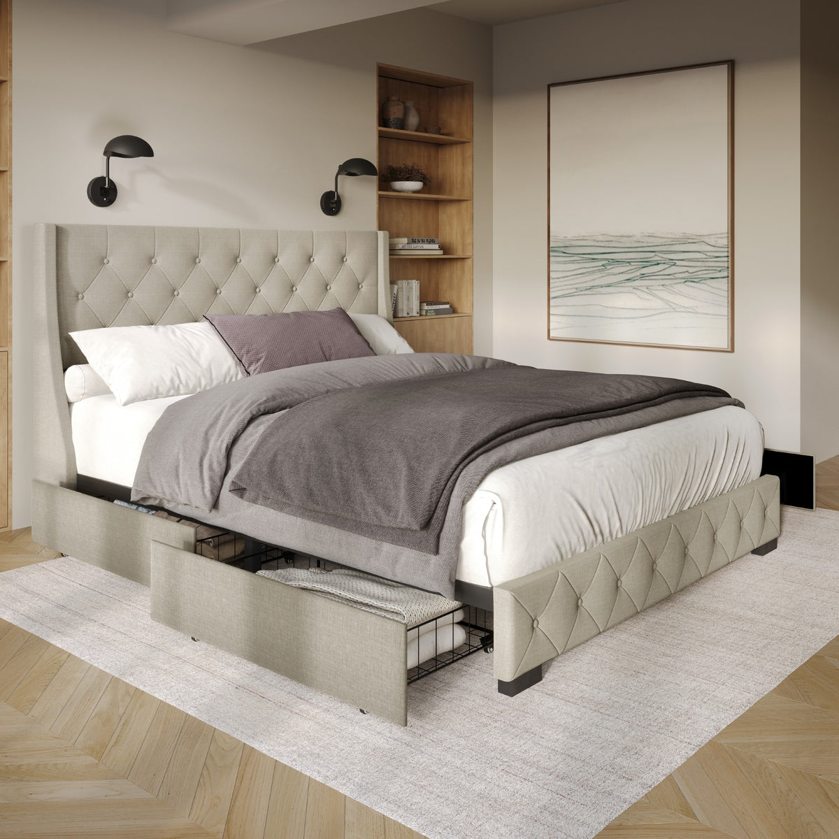 Home Design Olympia Tufted Upholstered Storage Platform Bed Frame For Adult