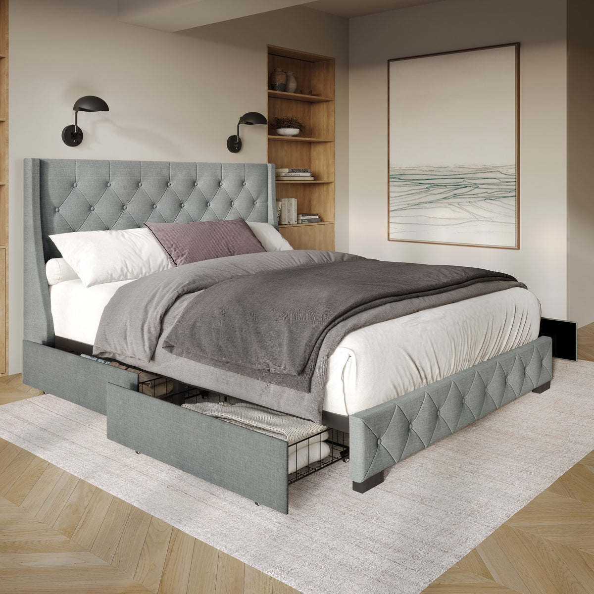 Home Design Olympia Tufted Upholstered Storage Platform Bed Frame For Adult