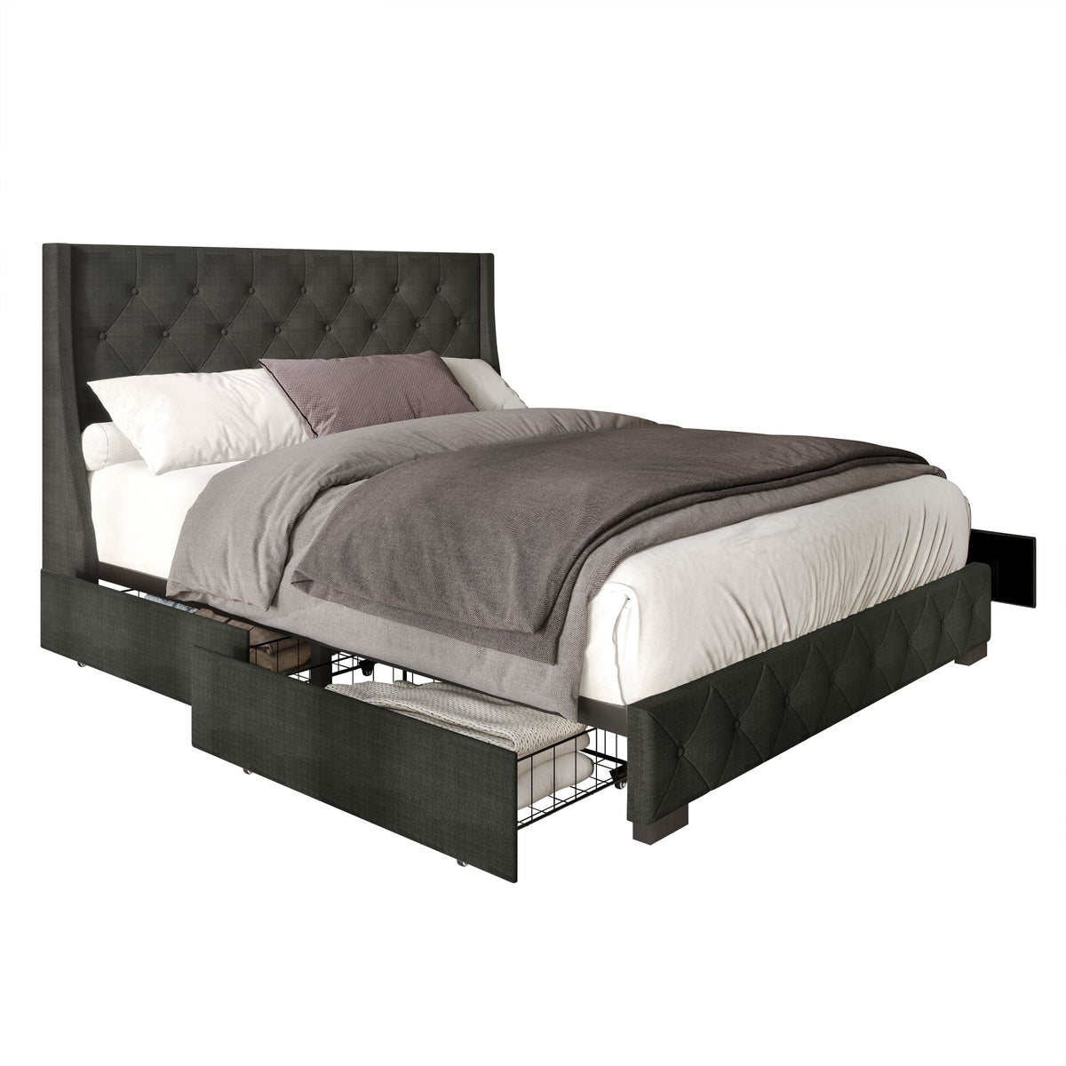 Home Design Olympia Tufted Upholstered Storage Platform Bed Frame For Adult