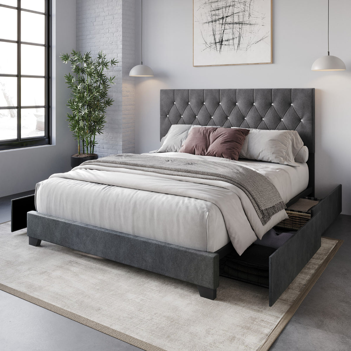 Home Design Sheffield Tufted Upholstered Storage Platform Bed Frame