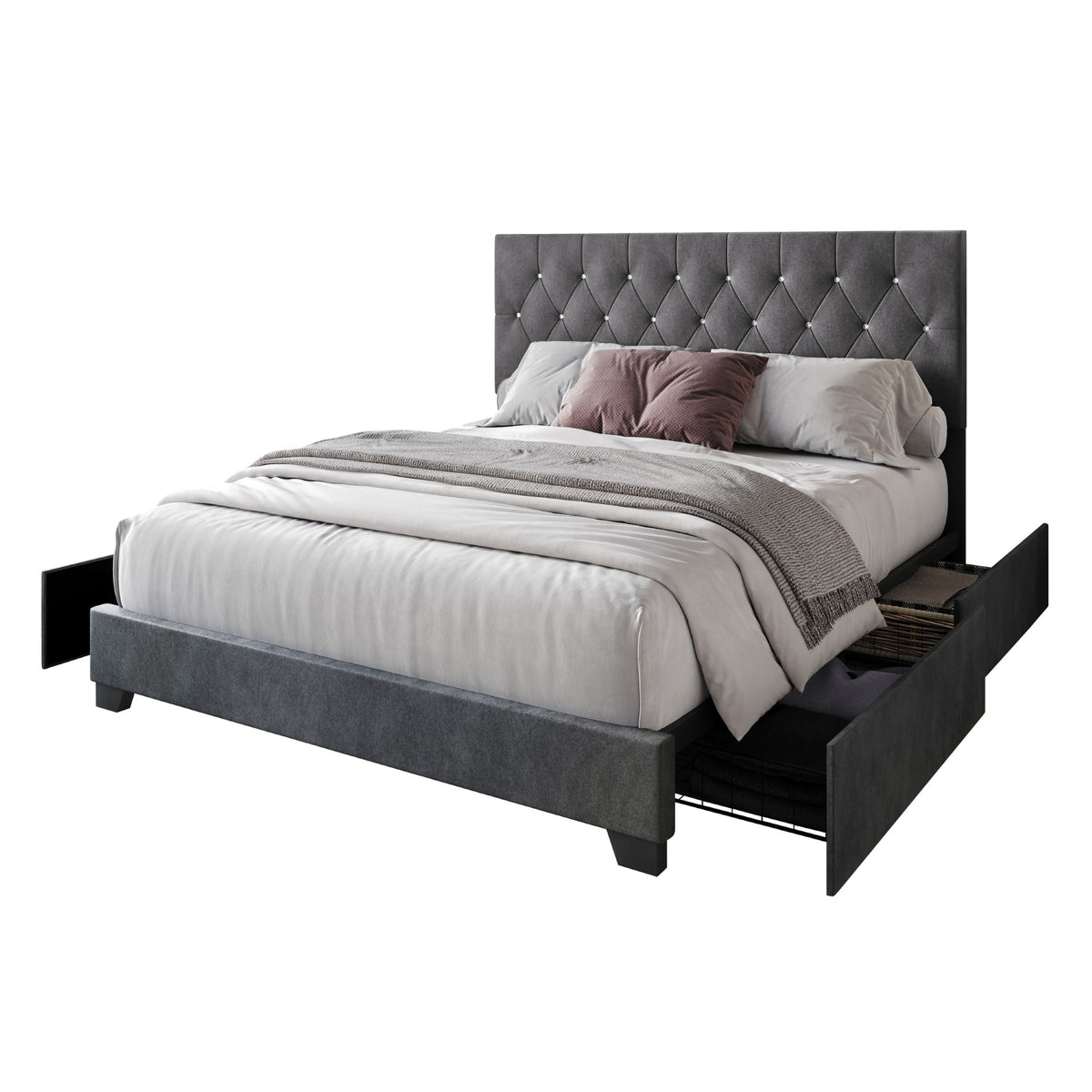 Home Design Sheffield Tufted Upholstered Storage Platform Bed Frame