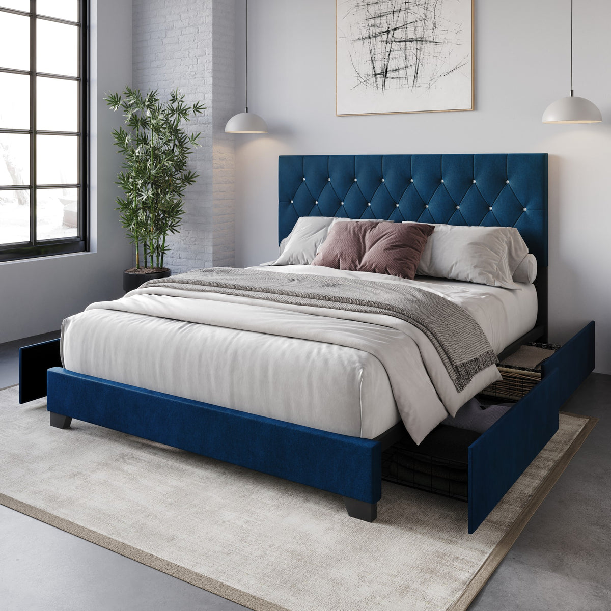 Home Design Sheffield Tufted Upholstered Storage Platform Bed Frame