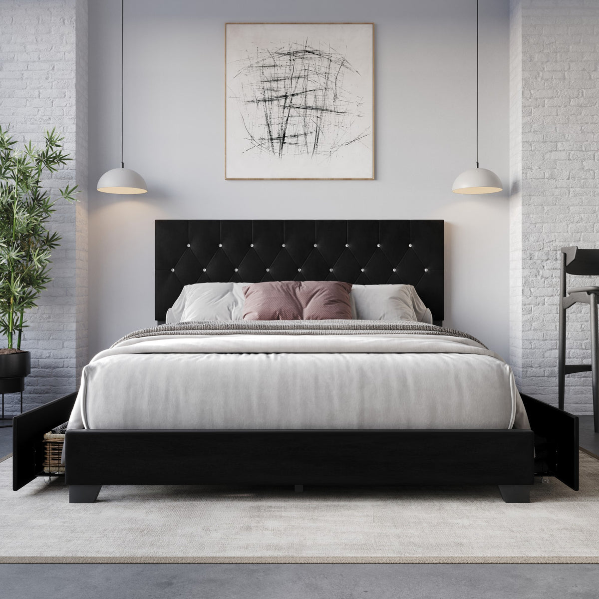 Home Design Sheffield Tufted Upholstered Storage Platform Bed Frame