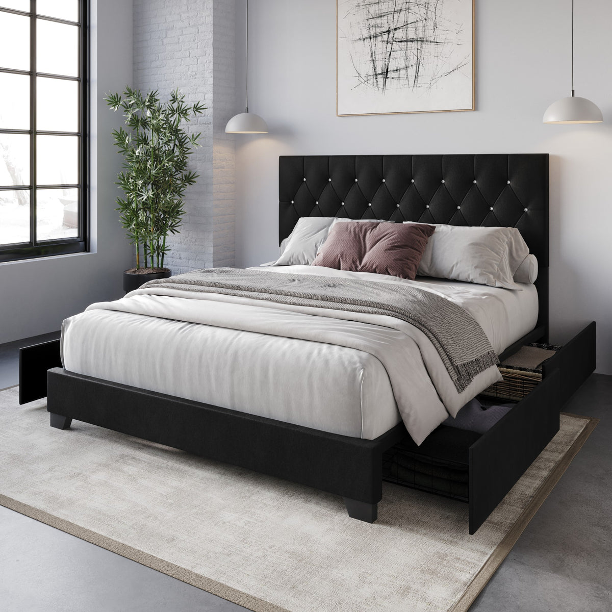 Home Design Sheffield Tufted Upholstered Storage Platform Bed Frame