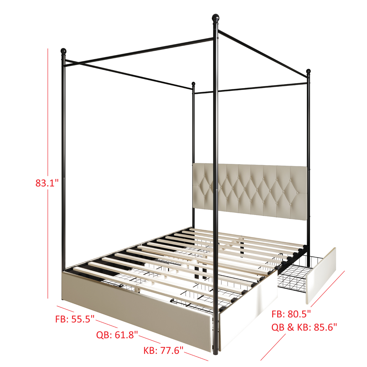Home Design Harlan Upholstered Metal Storage Canopy Bed Frame, Beige