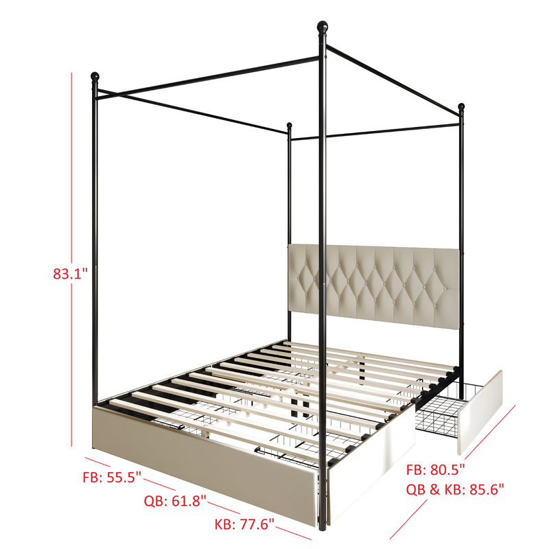 Home Design Harlan Upholstered Metal Storage Canopy Bed Frame, Beige