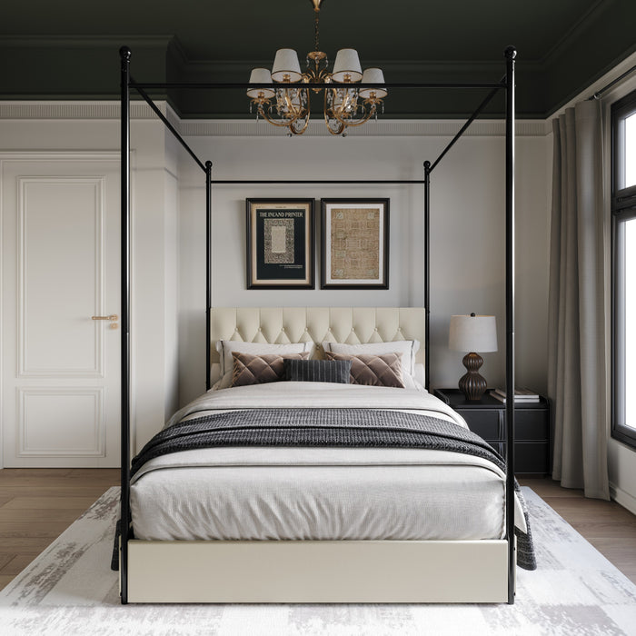 Home Design Harlan Upholstered Metal Storage Canopy Bed Frame, Beige