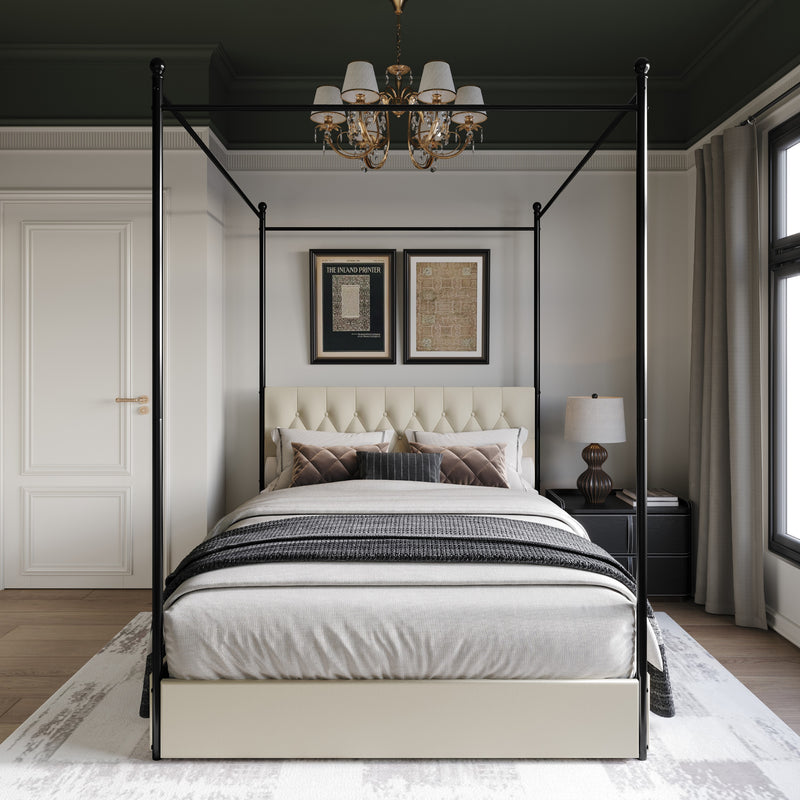 Home Design Harlan Upholstered Metal Storage Canopy Bed Frame, Beige