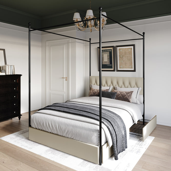 Home Design Harlan Upholstered Metal Storage Canopy Bed Frame, Beige
