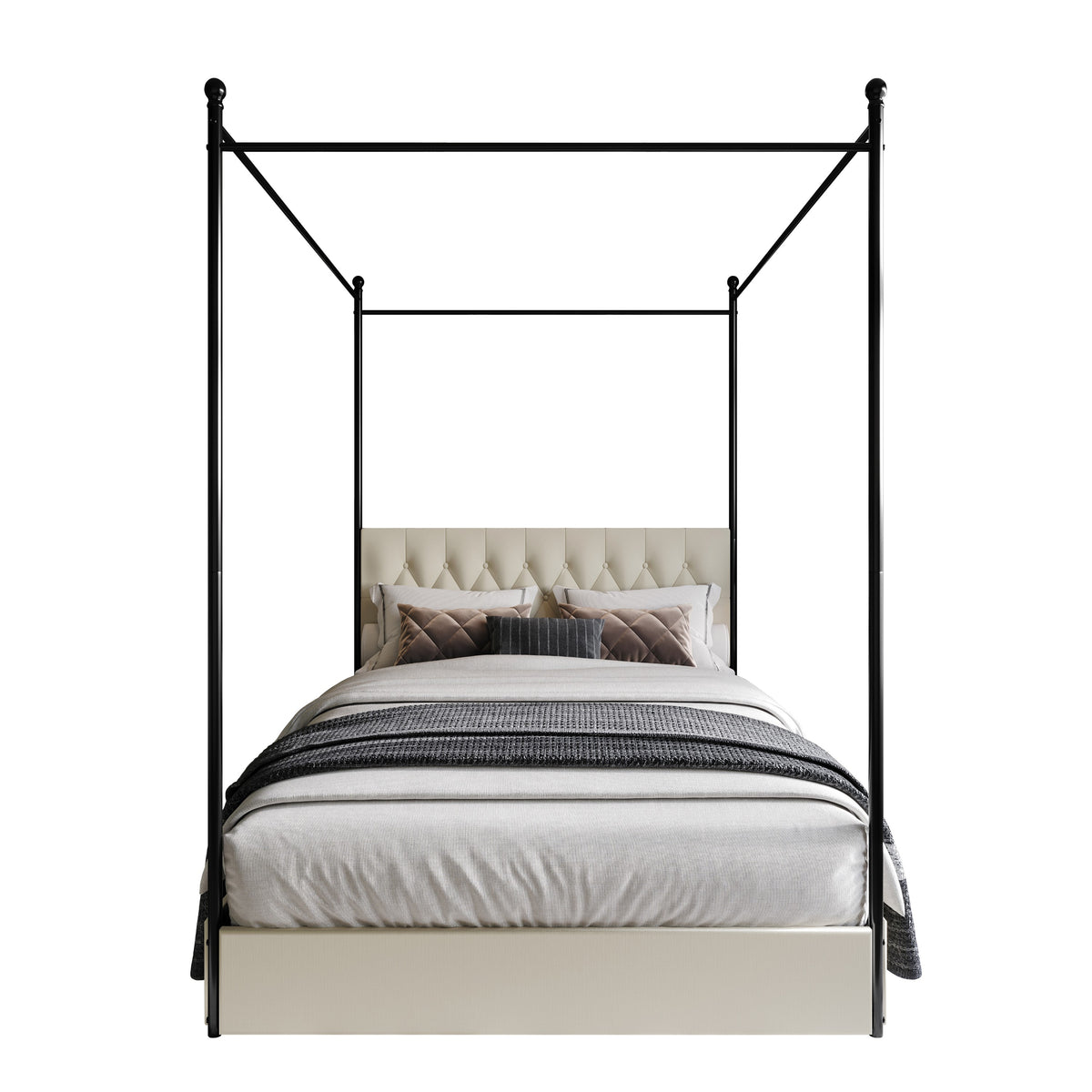 Home Design Harlan Upholstered Metal Storage Canopy Bed Frame, Beige