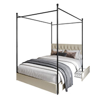 Home Design Harlan Upholstered Metal Storage Canopy Bed Frame, Beige