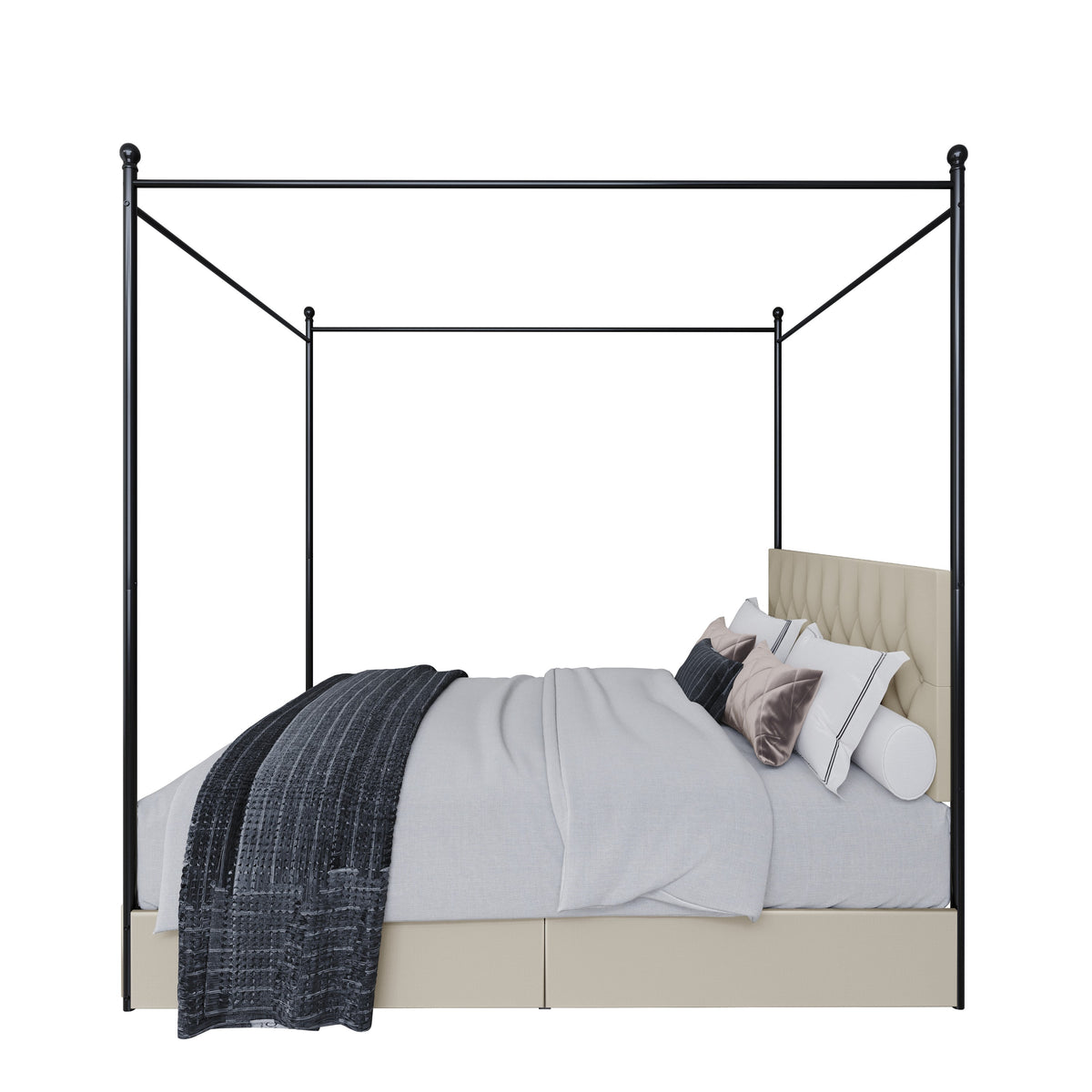 Home Design Harlan Upholstered Metal Storage Canopy Bed Frame, Beige
