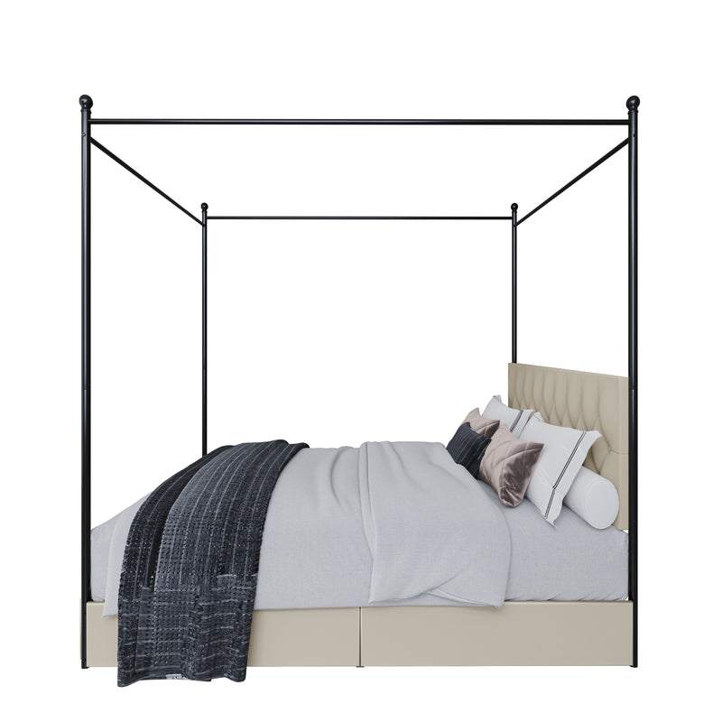 Home Design Harlan Upholstered Metal Storage Canopy Bed Frame, Beige