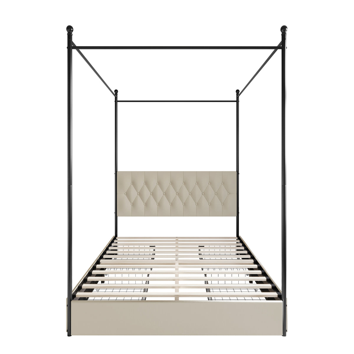 Home Design Harlan Upholstered Metal Storage Canopy Bed Frame, Beige