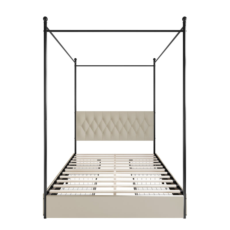 Home Design Harlan Upholstered Metal Storage Canopy Bed Frame, Beige