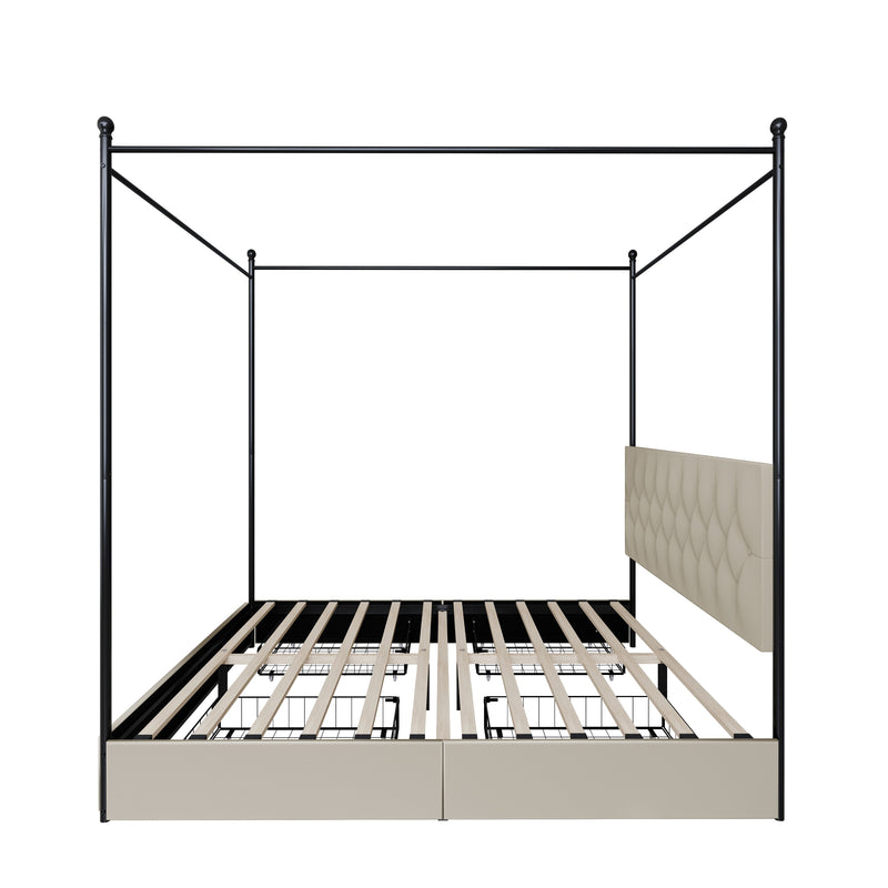 Home Design Harlan Upholstered Metal Storage Canopy Bed Frame, Beige