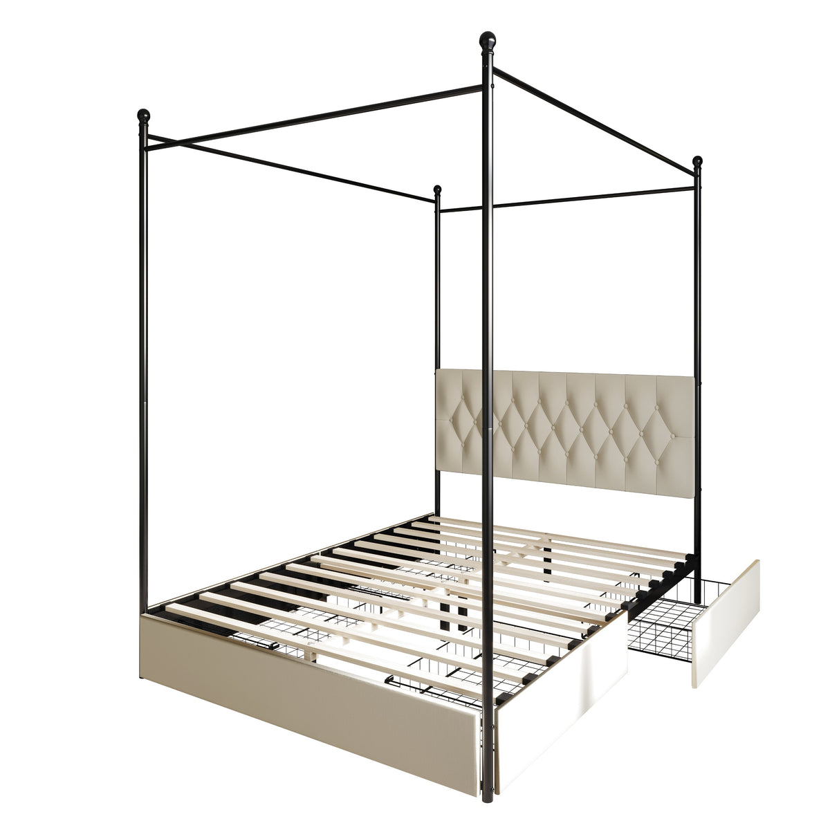 Home Design Harlan Upholstered Metal Storage Canopy Bed Frame, Beige