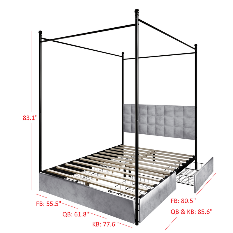 Home Design Hobart Upholstered Metal Storage Canopy Bed Frame, Silver Gray