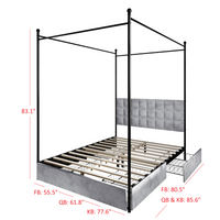 Home Design Hobart Upholstered Metal Storage Canopy Bed Frame, Silver Gray