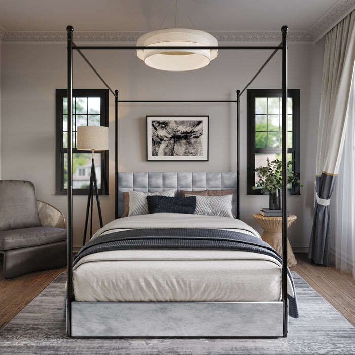 Home Design Hobart Upholstered Metal Storage Canopy Bed Frame, Silver Gray