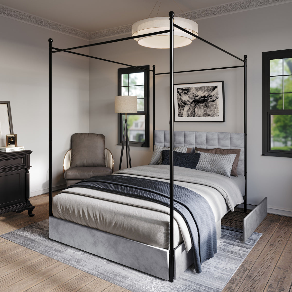 Home Design Hobart Upholstered Metal Storage Canopy Bed Frame, Silver Gray