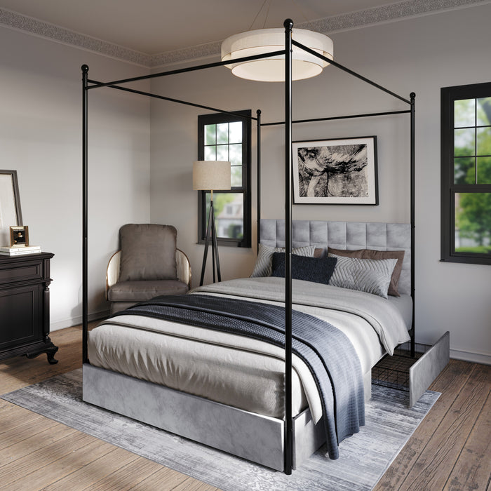 Home Design Hobart Upholstered Metal Storage Canopy Bed Frame, Silver Gray