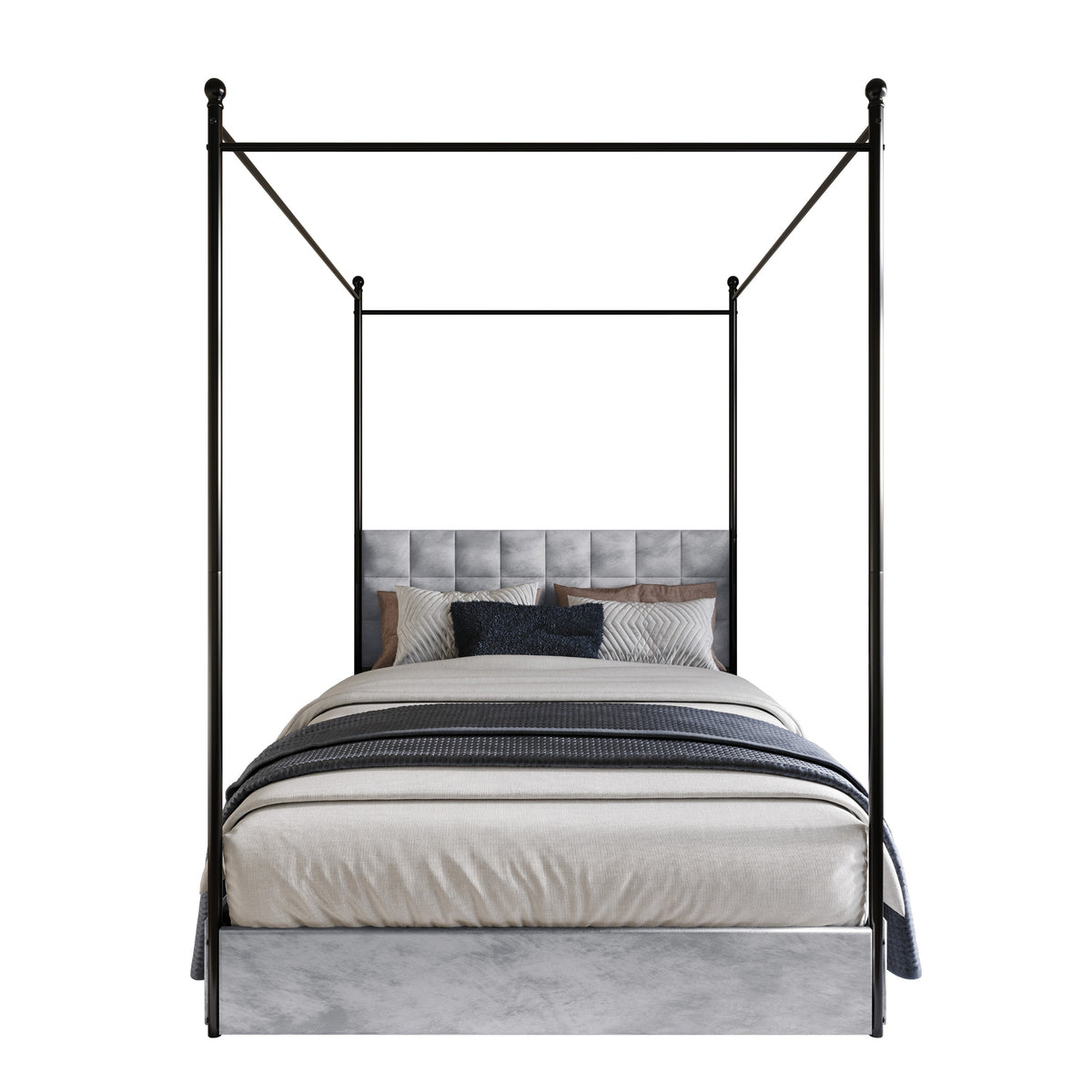 Home Design Hobart Upholstered Metal Storage Canopy Bed Frame, Silver Gray