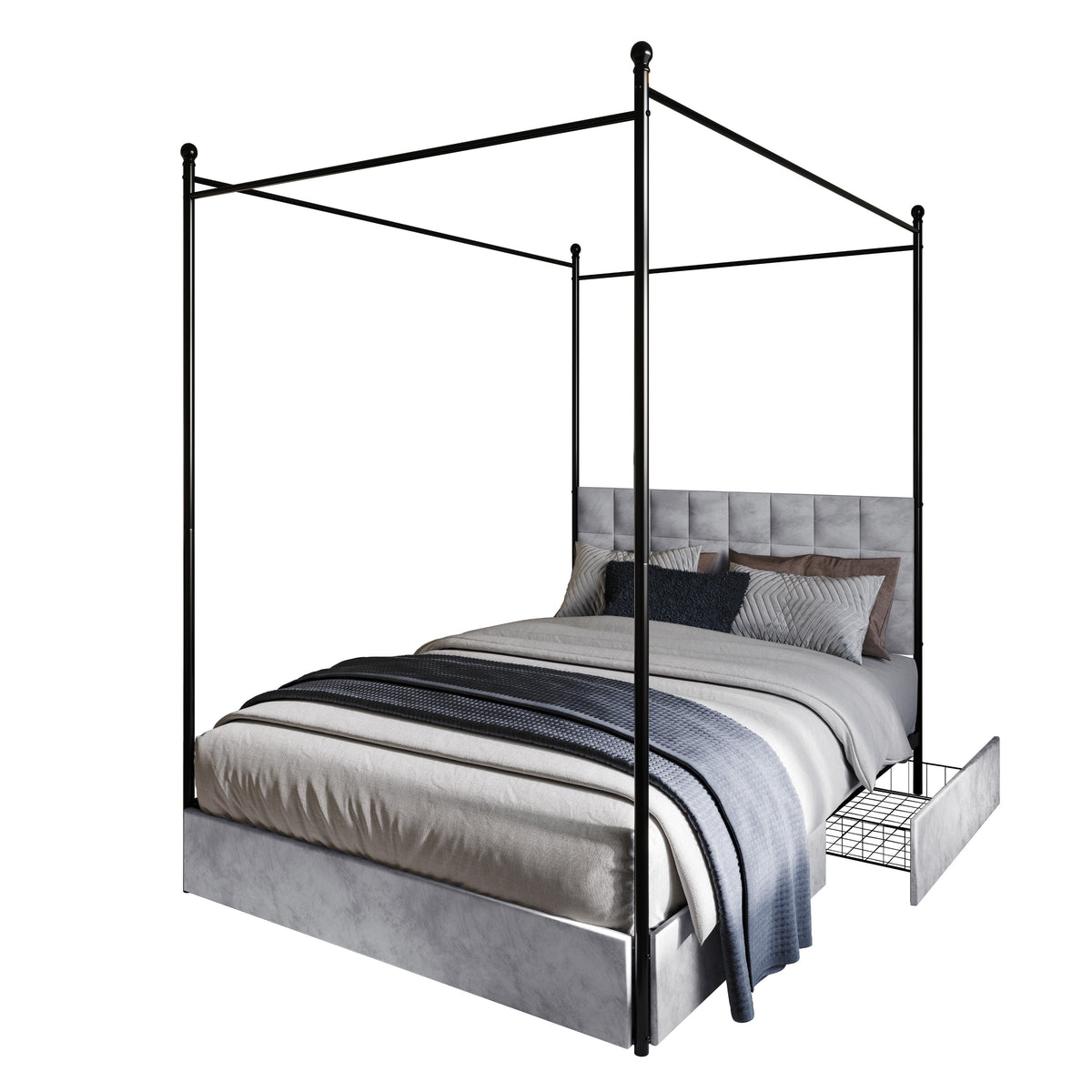 Home Design Hobart Upholstered Metal Storage Canopy Bed Frame, Silver Gray