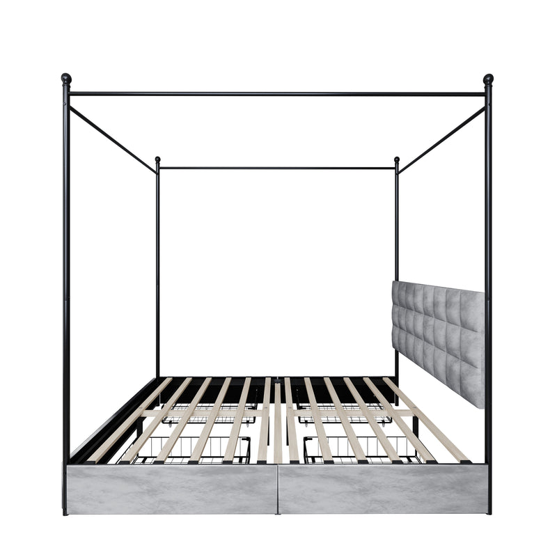 Home Design Hobart Upholstered Metal Storage Canopy Bed Frame, Silver Gray