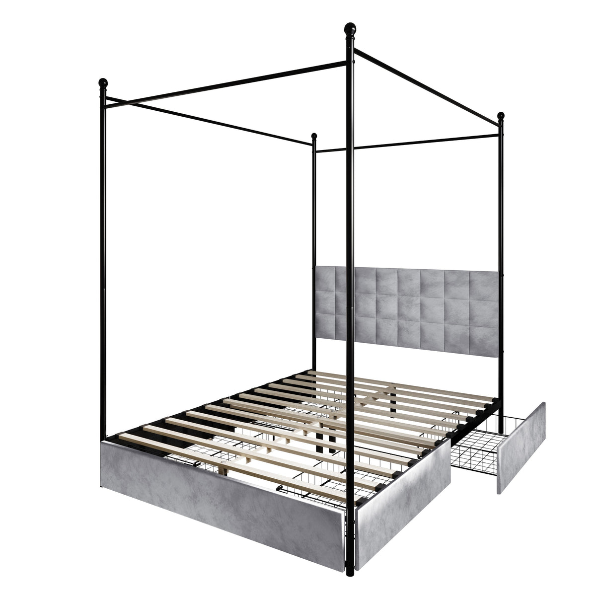 Home Design Hobart Upholstered Metal Storage Canopy Bed Frame, Silver Gray