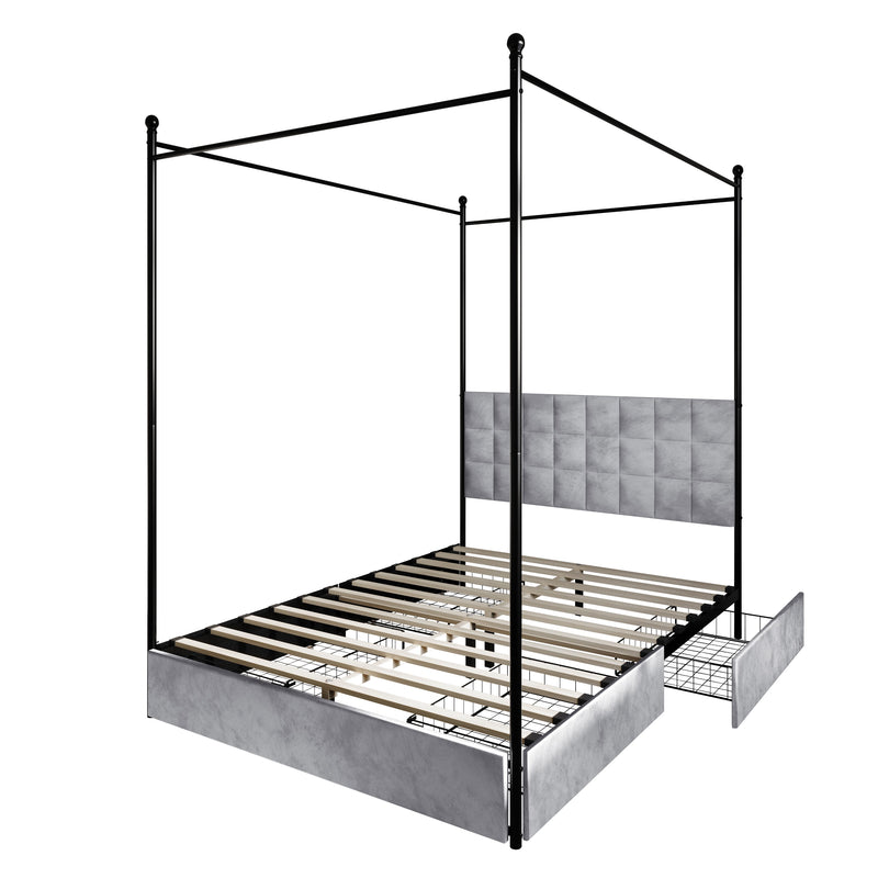 Home Design Hobart Upholstered Metal Storage Canopy Bed Frame, Silver Gray