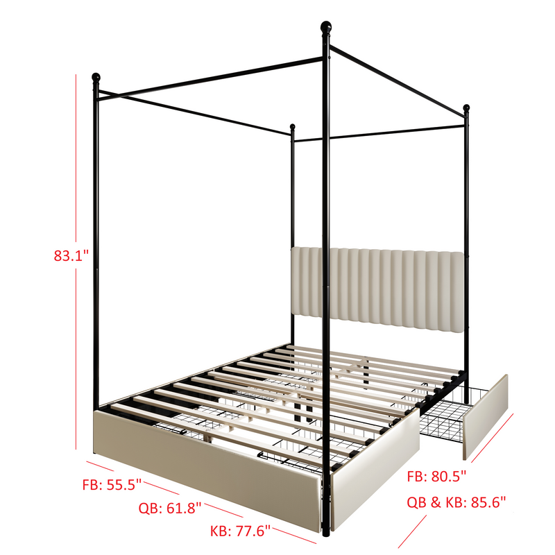 Home Design Passaic Upholstered Metal Storage Canopy Bed Frame for Adult, Beige