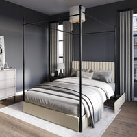 Home Design Passaic Upholstered Metal Storage Canopy Bed Frame for Adult, Beige