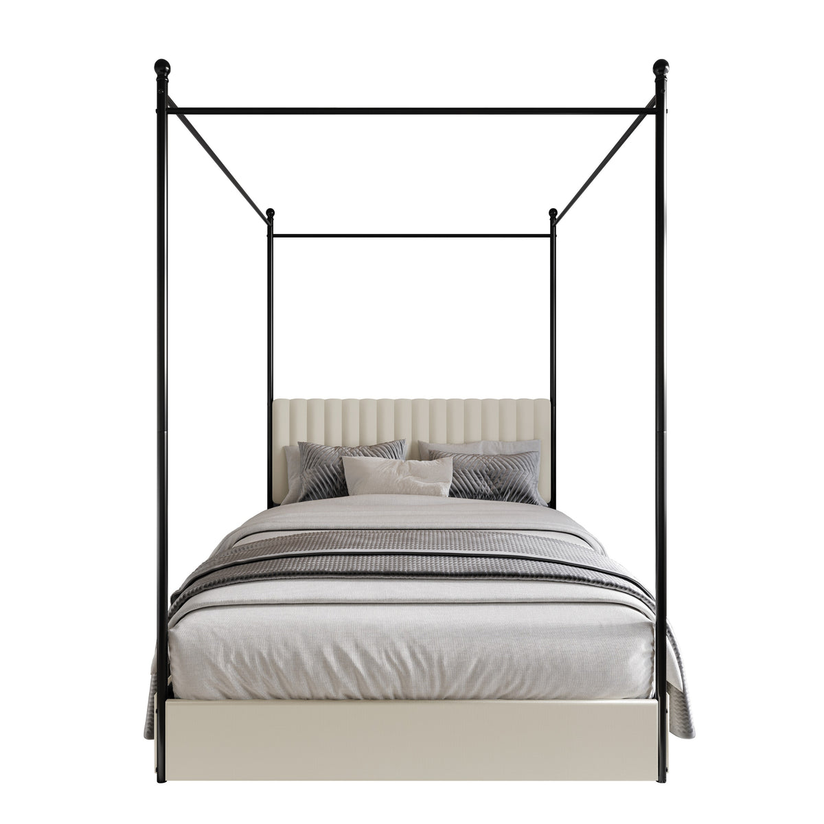 Home Design Passaic Upholstered Metal Storage Canopy Bed Frame for Adult, Beige