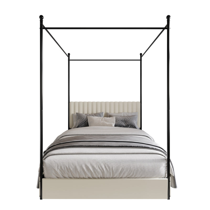 Home Design Passaic Upholstered Metal Storage Canopy Bed Frame for Adult, Beige