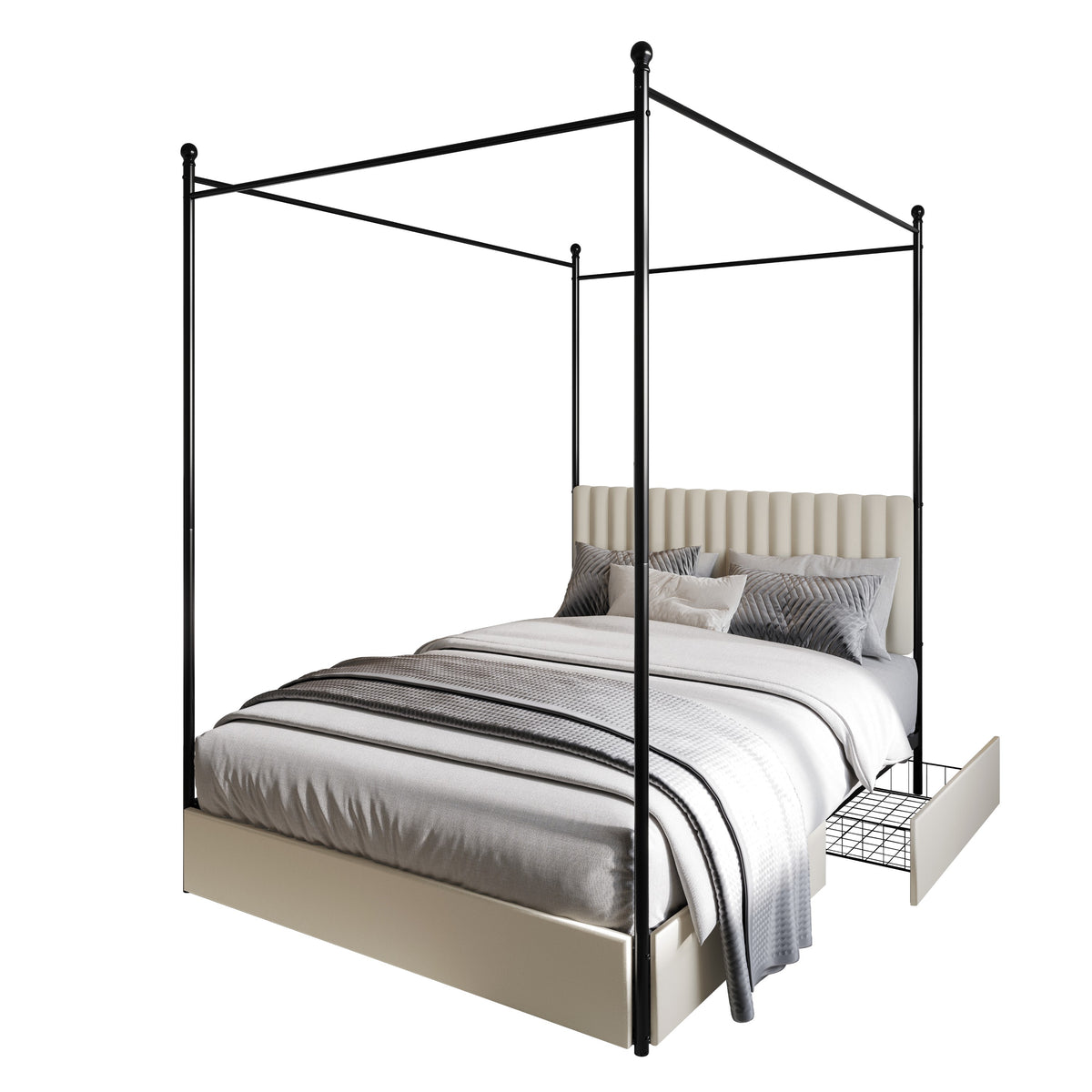 Home Design Passaic Upholstered Metal Storage Canopy Bed Frame for Adult, Beige