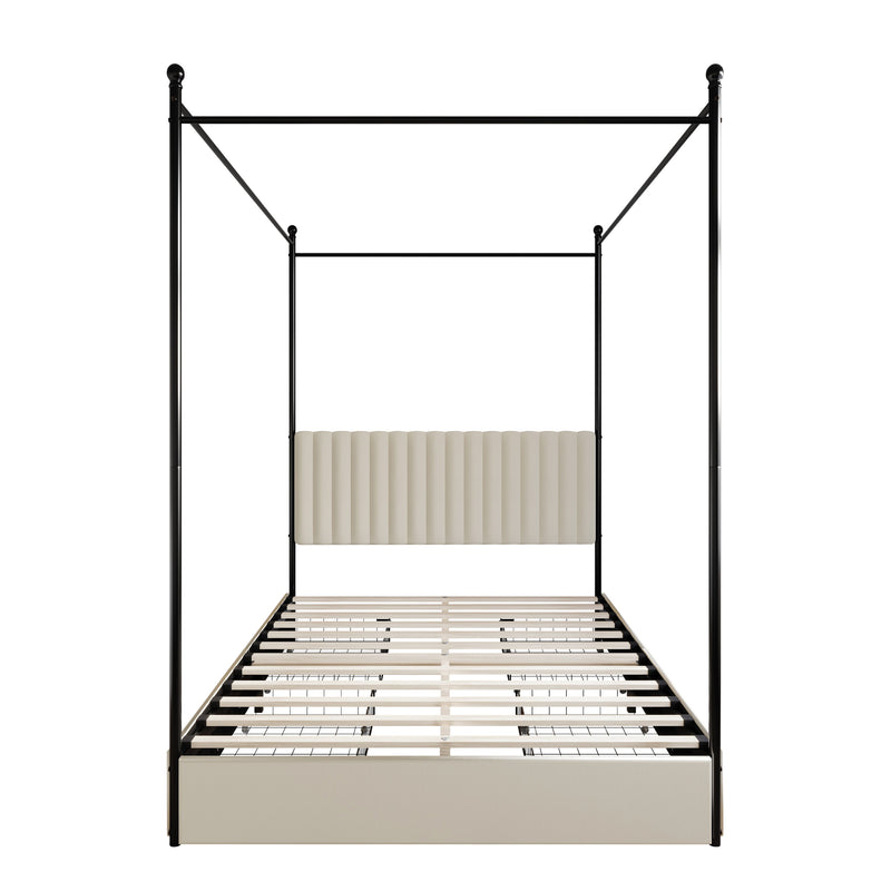 Home Design Passaic Upholstered Metal Storage Canopy Bed Frame for Adult, Beige