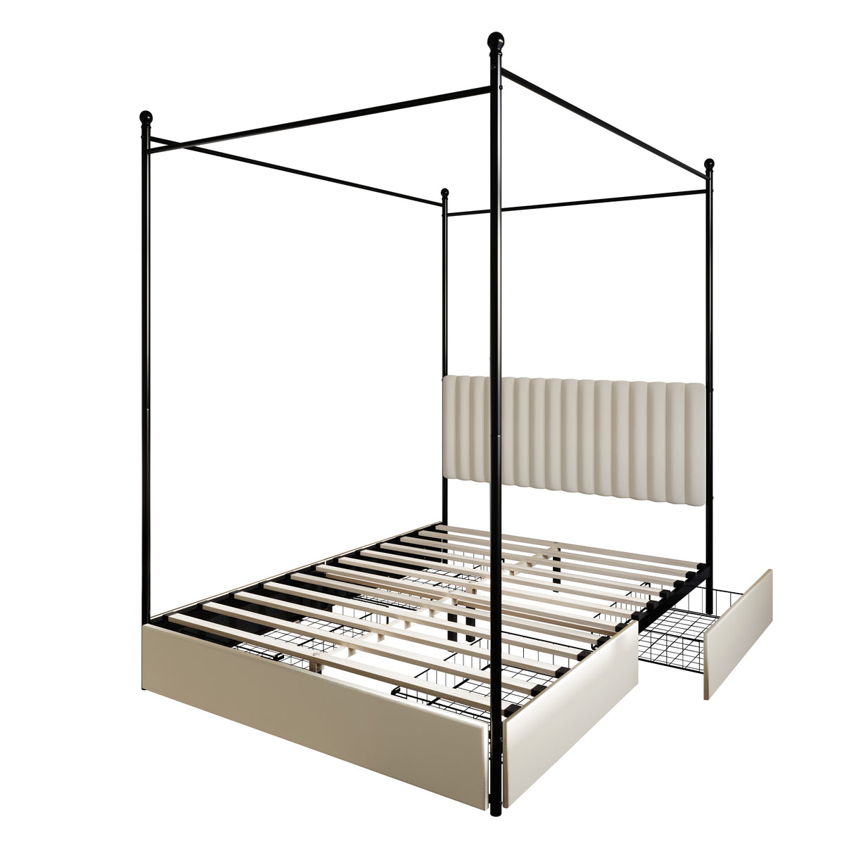 Home Design Passaic Upholstered Metal Storage Canopy Bed Frame for Adult, Beige