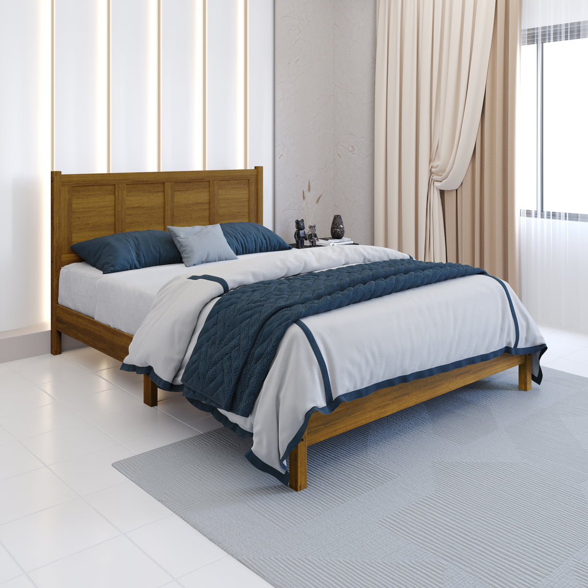 Home Design Rogers Solid Wood Platform Bed Frame with Panel Headboard, No Box Spring Needed, Sturdy& Durable