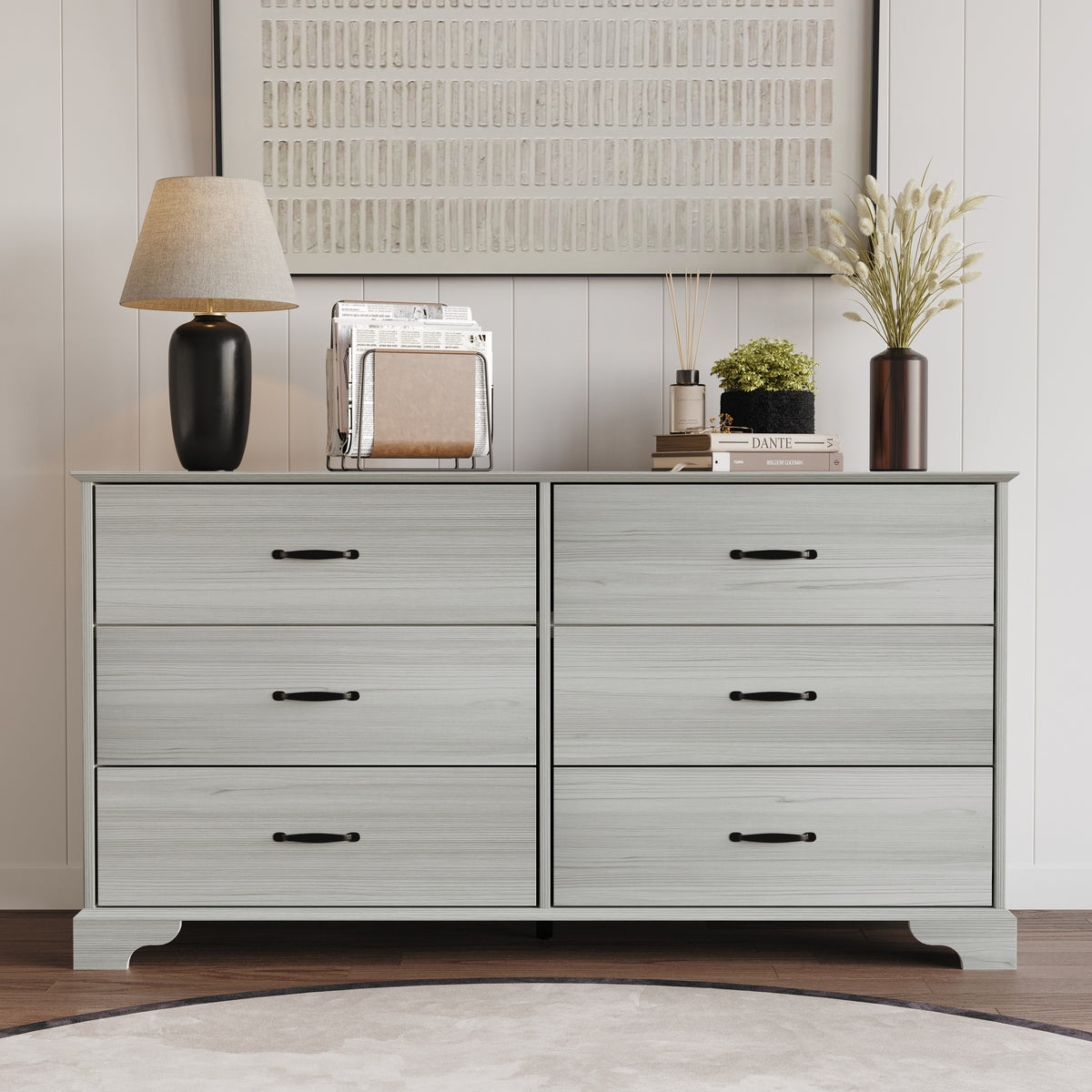 Home Design Harley 6-Drawer Dresser, Modern Bedroom Storage Furniture, Light Gray Finish, Easy Assembly