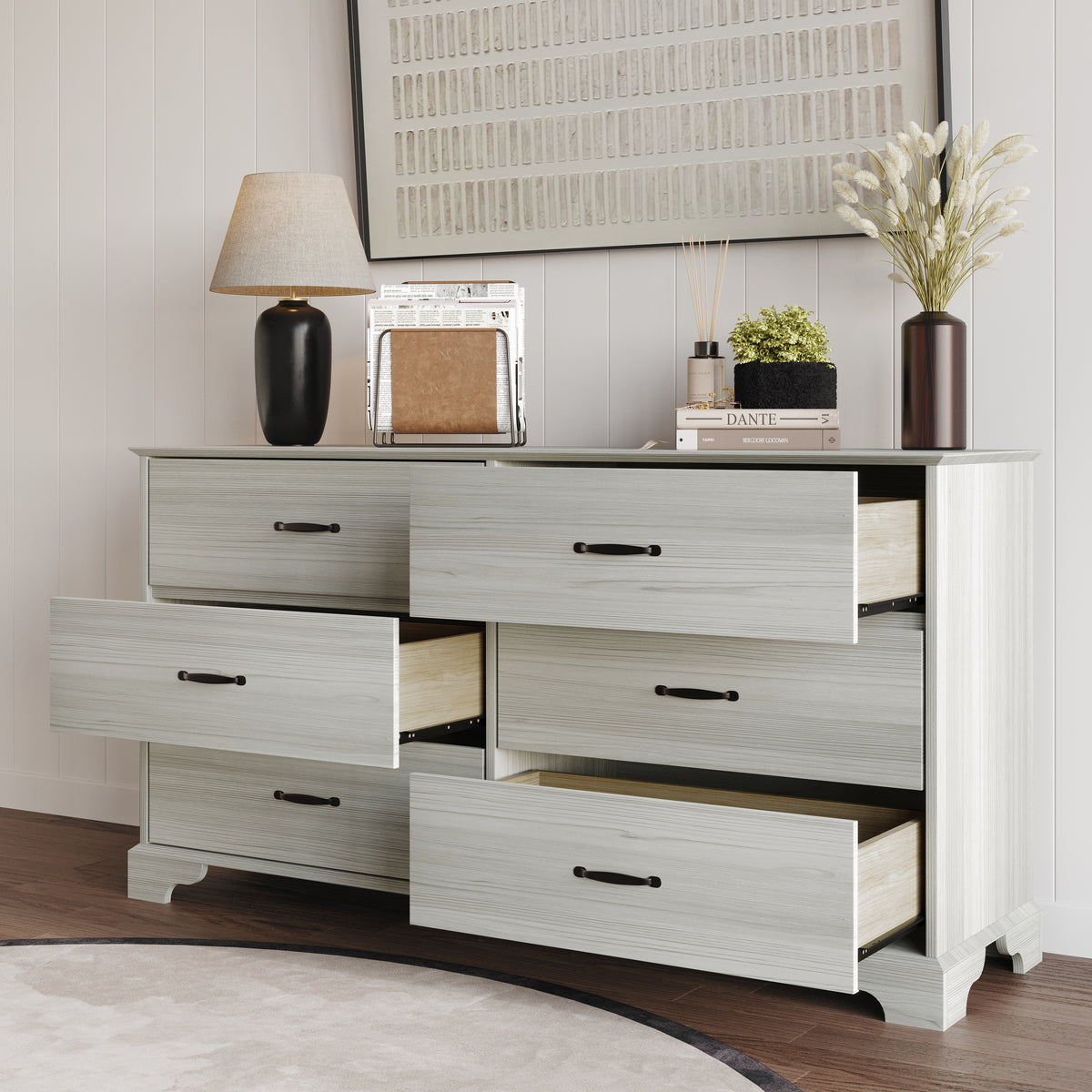 Home Design Harley 6-Drawer Dresser, Modern Bedroom Storage Furniture, Light Gray Finish, Easy Assembly