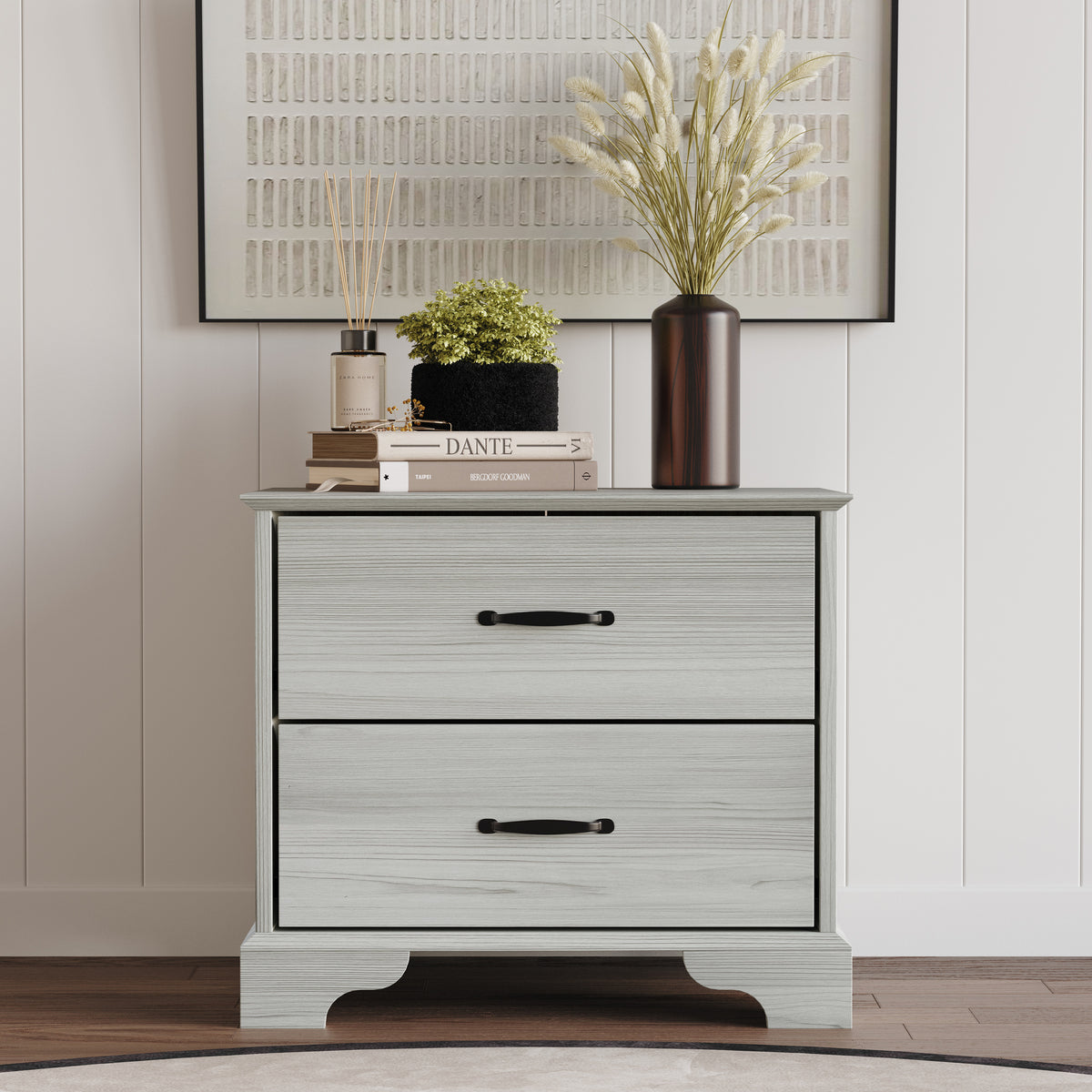 Home Design Harley 2-Drawer Nightstand, Modern Bedroom Storage Furniture, Light Gray Finish, Easy Assembly