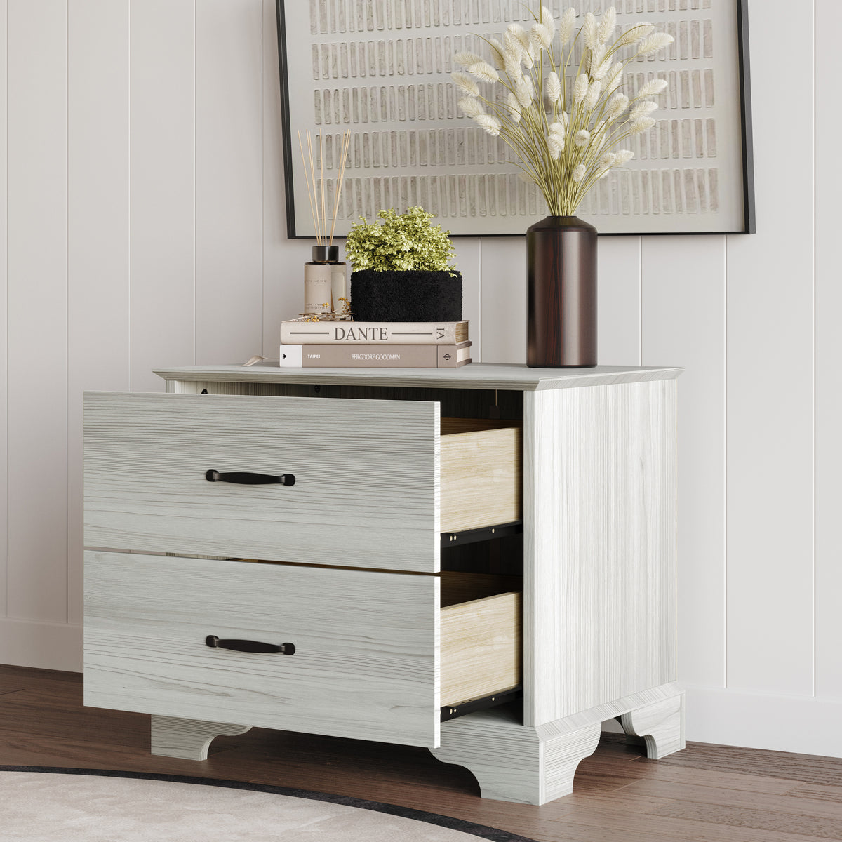 Home Design Harley 2-Drawer Nightstand, Modern Bedroom Storage Furniture, Light Gray Finish, Easy Assembly