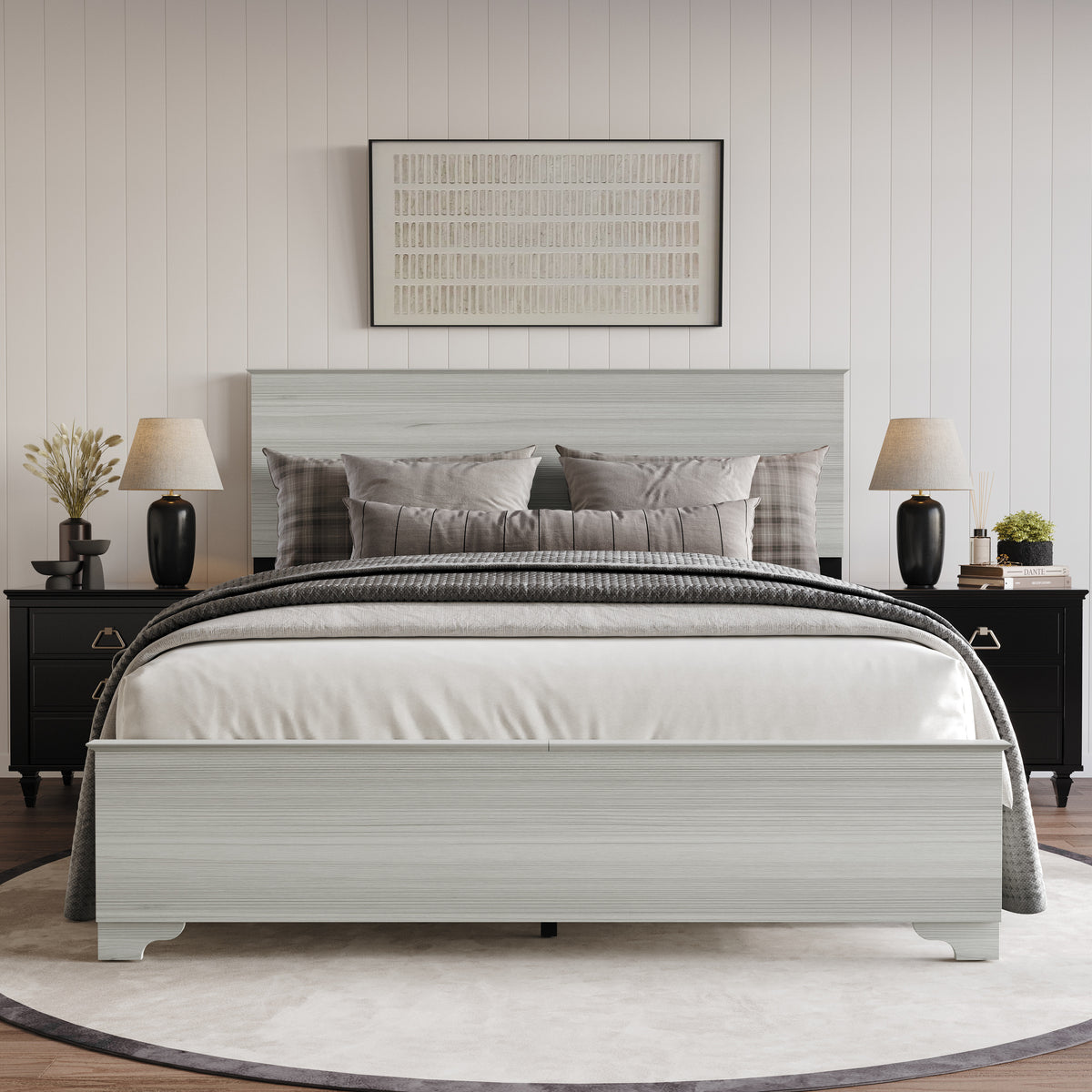 Home Design Harley Panel Bed Frame With Wood Headboard & Footboard, Require Box Spring, Light Gray, Easy Assembly