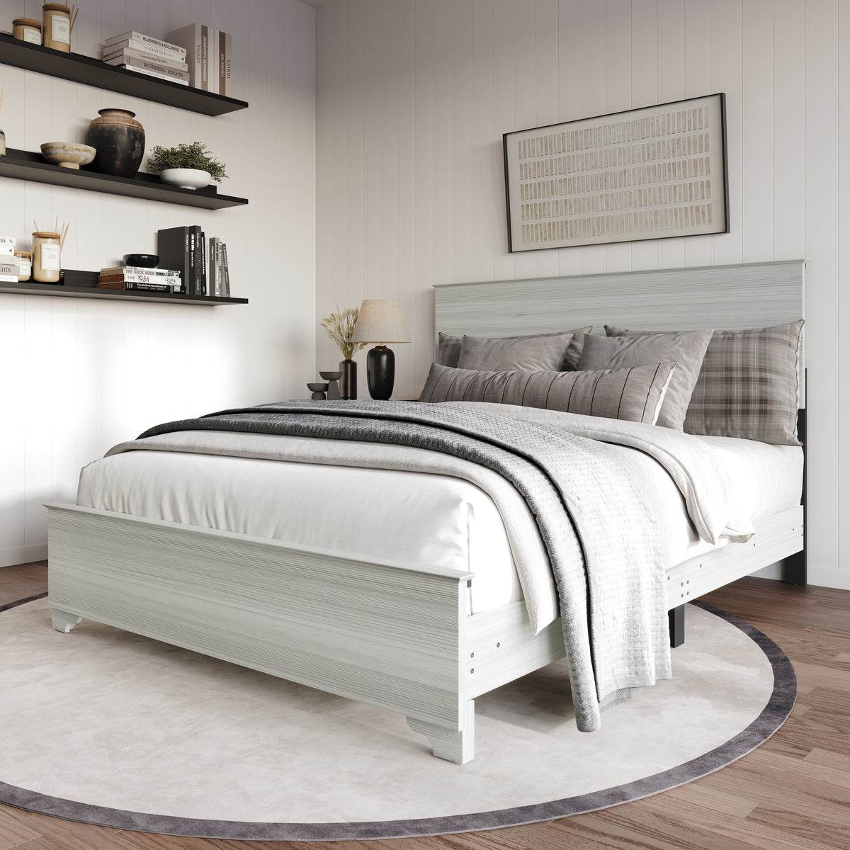 Home Design Harley Panel Bed Frame With Wood Headboard & Footboard, Require Box Spring, Light Gray, Easy Assembly