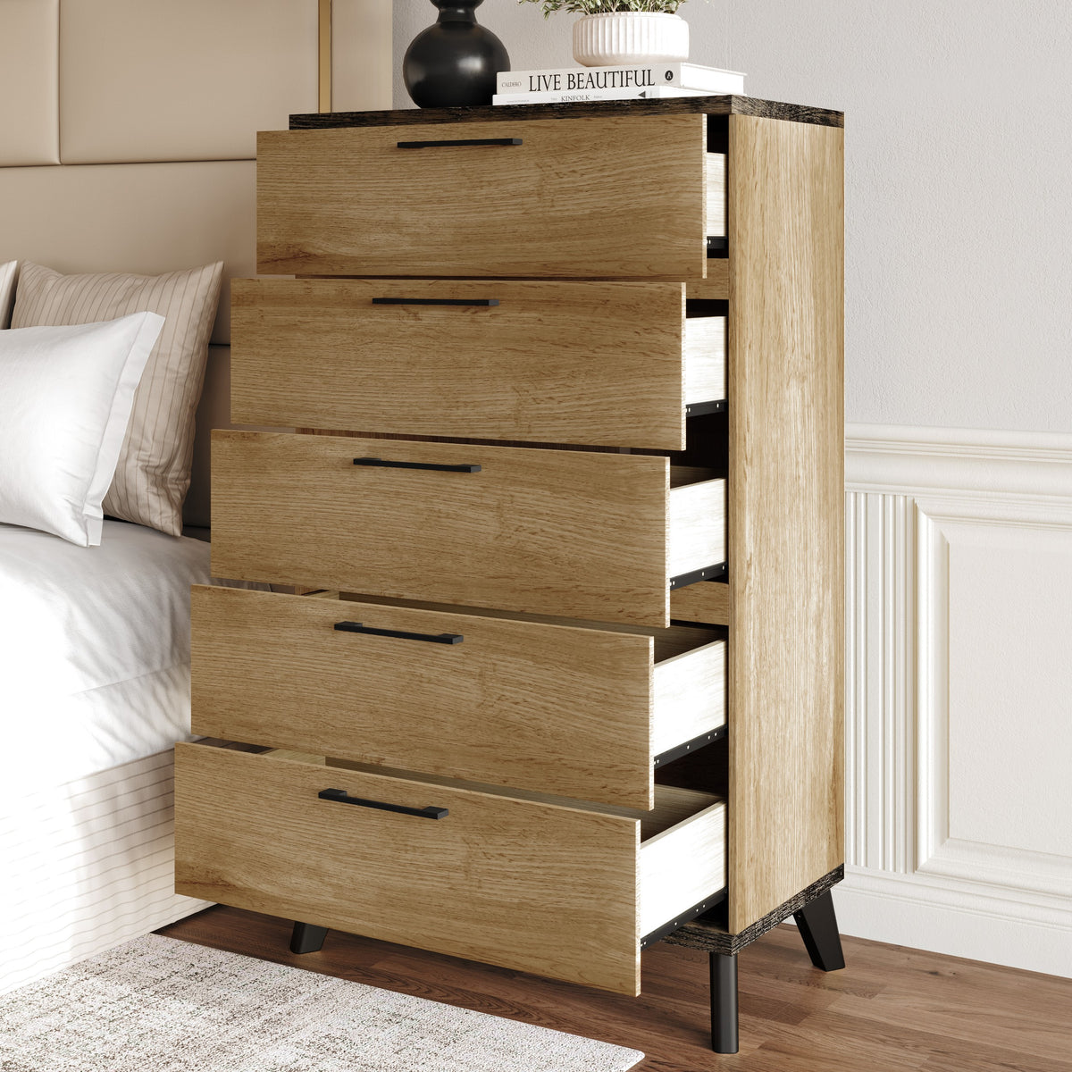 Home Design Emersyn 5 Drawer Chest, Natural Oak